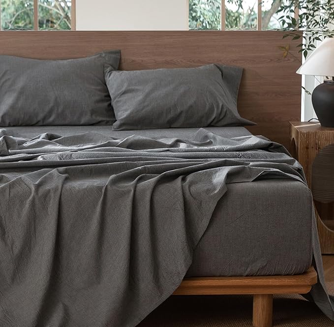 MooMee Bedding Sheet Set 100% Washed Cotton Linen Like Textured Breathable Durable Soft Comfy (Heathered Dark Grey, King)