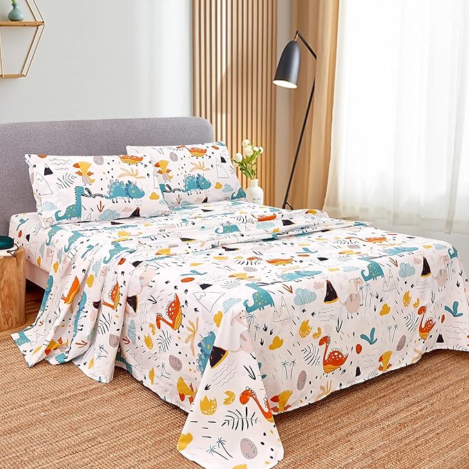 JSD Dinosaur Kids Sheet Set Full Size, 4 Piece Dino Pattern Microfiber Bed Sheets for Boys Girls Deep Pocket