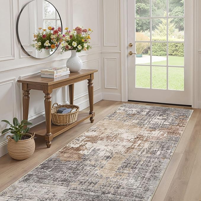 Washable Runner Rug for Hallway: 3x12 Neutral Modern Abstract Low Pile Area Rug with Non-Slip Backing - Carpet for Bedroom Kitchen Laundry Entryway Bathroom Indoor - Grey Brown