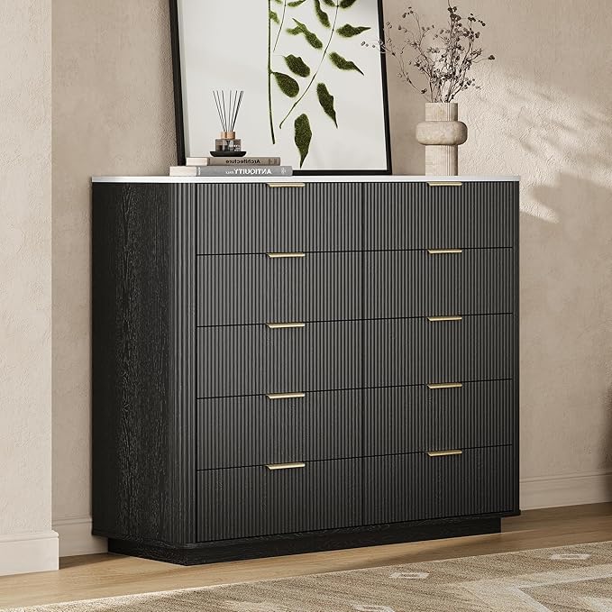Fluted Drawers Dresser for Bedroom with 10 Drawers, 42'' Wide Mid Century Dressers with Faux Marble Top & Metal Handle, Wooden Chest of Drawers TV Stand, Natural Wood Closet Storage Organizer,Black