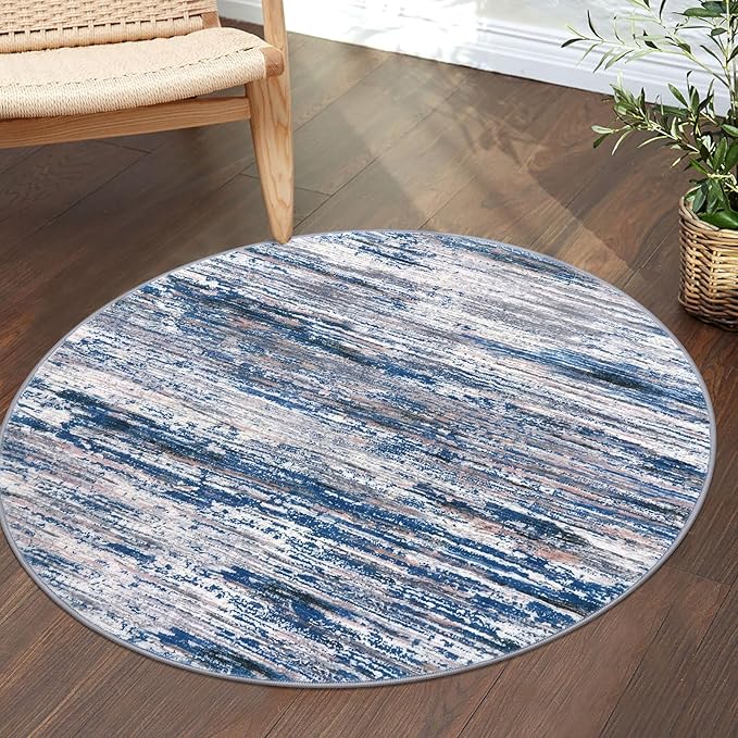 3' Washable Round Rug for Entryway, Navy Blue Gray Neutral Multi Soft Non-Slip Area Rugs Modern Abstract Low-Pile Carpet, Neutral Vintage Circle Rugs for Living Room Dining Bedroom Foyer