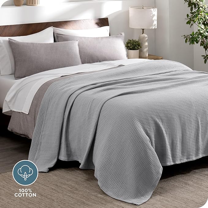 Bare Home Light Grey Waffle Blanket, Throw Size 44Wx66L, 100% Cotton, Soft & Breathable for All Seasons, Lightweight, Perfect for Layering Bed, Sofa & Couch (Throw/Travel, Light Grey)