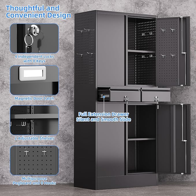 Garage Storage Cabinet, Metal Storage Cabinet with 2 Drawers and 2 Adjustable Shelves, Metal Lockers with Pegboards for Homes, Offices, Kitchens, Schools and Pantries