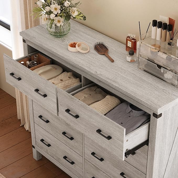 LINSY HOME Farmhouse 8 Drawer Double Dresser for Bedroom, 50” Wide Rustic Wood Chest with Deep Drawers, Modern Dressers with Storage and Metal Handles for Closet, Living Room, Hallway, Wash Grey