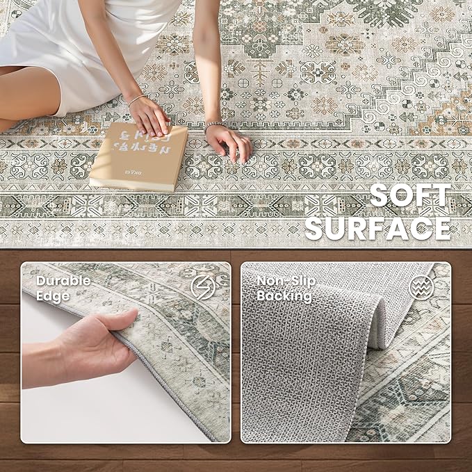 zesthome 8x10 Area Rugs for Living Room,Non-Slip Backing Washable Rugs,Vintage Large Area Rug，Stain Resistant Home Decor Rug (Brown/Grey,8'x10')