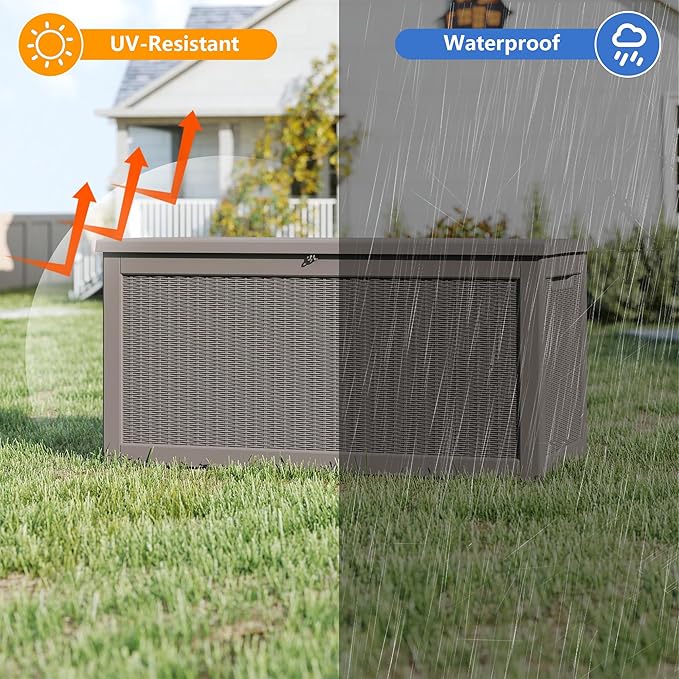 320 Gallon Outdoor Storage Box Waterproof, Resin Deck Boxes with Lockable Lid & UV-Resistant for Patio, Pool, Garden Furniture Cushions & Accessories, Coffee