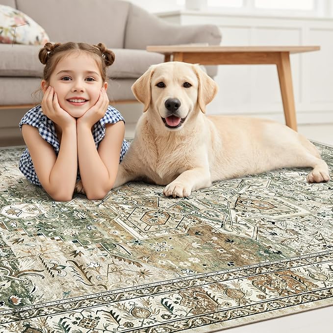 Washable Area Rug 8x10, Large Soft Rugs for Living Room Farmhouse Vintage Area Rugs for Bedroom Dining Room Non-Slip Stain Resistant Under Table Rug Olive Beige