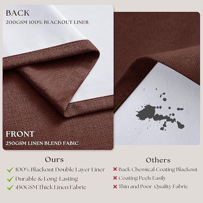 Chestnut Brown Pinch Pleated Blackout Linen Curtains 86 Inches Long for Bedroom Pleated 100% Black Out Drapes with Liner Rust Farmhouse Country Extra Long 86 Inch Curtain for Living Dining Room