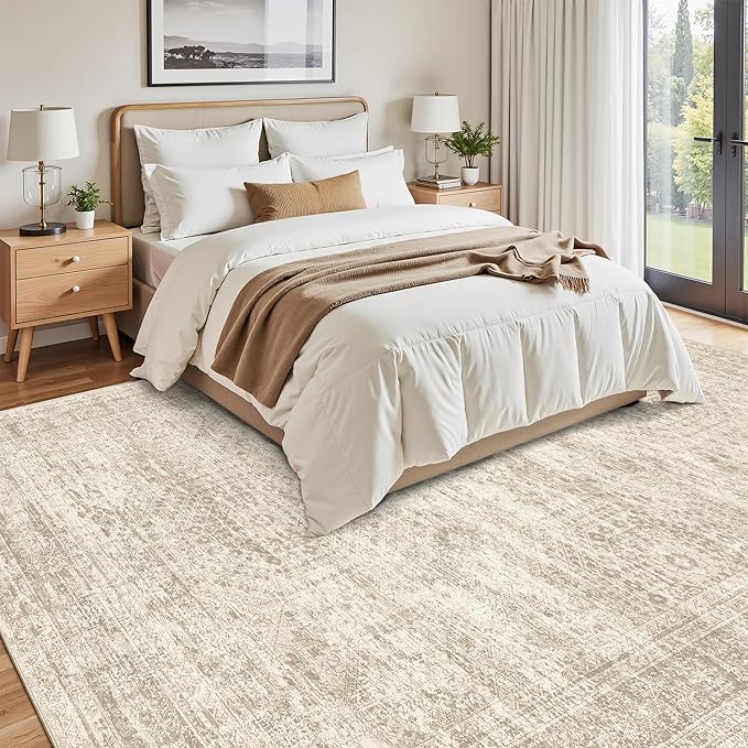 9x12 Area Rugs for Living Room, Non Slip Machine Washable Vintage Rugs, Low Pile Lightweight Large Rug for Bedroom, Dining Room, Home Office Beige