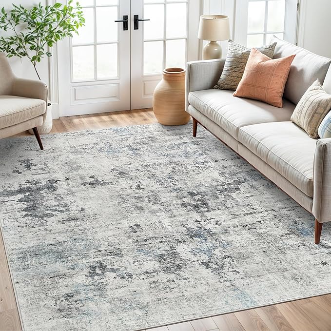 6x9 Abstract Area Rugs for Living Room 6 x 9 Washable Non Slip Low Pile Gray Rugs for Bedroom Dining Room Foldable Thin Gray Blue