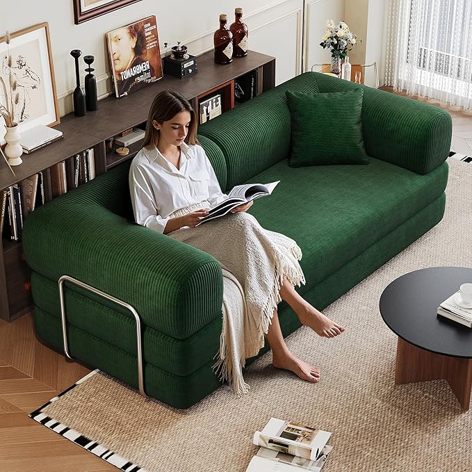 79" Convertible Sofa Bed, Corduroy Folding Pull Out Couch with Pillows, No Assembly Modern Boneless Couch Compression Sofa in Box, Floor Sofa with Support Rods for Living Room,Dark Green