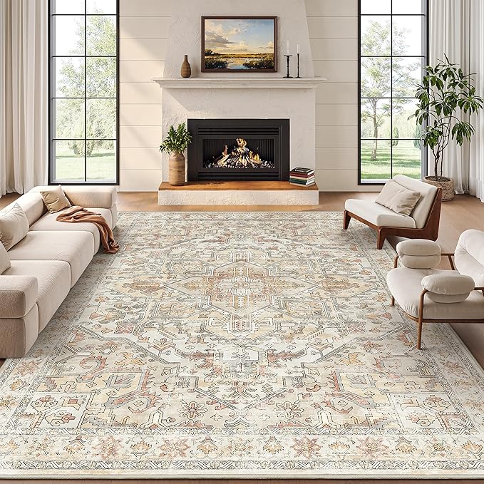 zesthome 8x10 Area Rugs - Stain Resistant Washable Rug for Living Room, Non-Slip Backing Large Area Rug with Ultra-Thin Low Pile for Bedroom, Vintage Home Decor