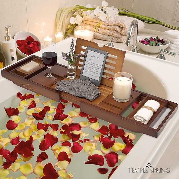Temple Spring Wooden Bathtub Tray, Bamboo Bathroom Accessories, Bath Tray for Tub, at Home Spa Essentials, Board for Tub Table, Bath Caddy for Bathtub Accessories & Bathroom Essentials – Wood Brown