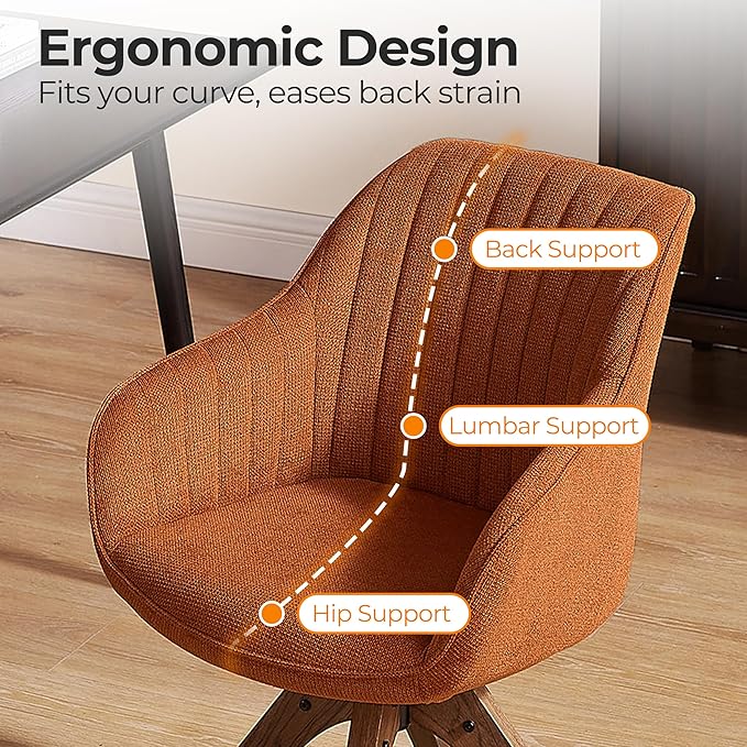 Zouron Mid Century Modern Accent Chair with Oak Wood Legs, Upholstered Swivel Chair No Wheels, Side Accent Armchair Vanity Chair for Small Space Home Office Living Room Bedroom, Caramel