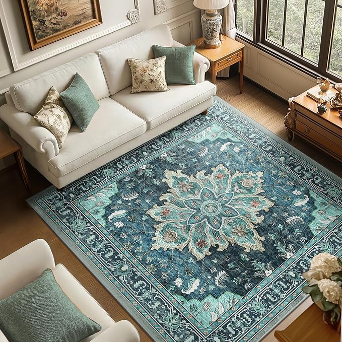 Area Rugs Square 6ft Washable Non-Slip, Floral Vintage Distress Print Pattern Medallion Carpet for Living Room Bedroom Dining Room, Teal Green Lake Blue Turquoise