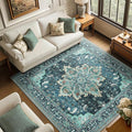 Area Rugs Square 6ft Washable Non-Slip, Floral Vintage Distress Print Pattern Medallion Carpet for Living Room Bedroom Dining Room, Teal Green Lake Blue Turquoise