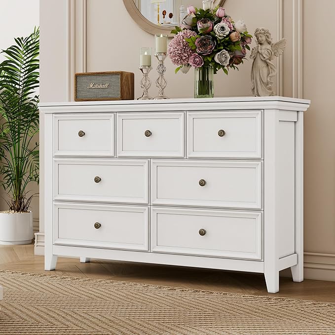 White Dresser for Bedroom, White 7 Drawers Dresser, Modern 7 Chest of Drawers, Closet Dresser, Farmhouse Dresser with 7 Storage Drawers Cabinet for Home Office, Study Room