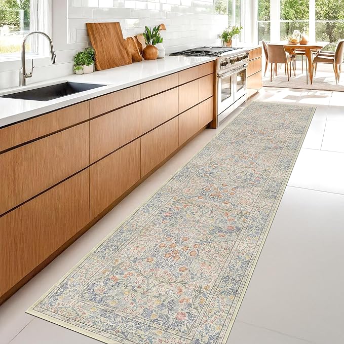 Washable Beige Blue 2x10 Runner Rug for Hallway Kitchen Mudroom, Non-Slip Stain Resistant Extra Long Floor Mat 10 ft - Vintage Floral Aethestic Decor