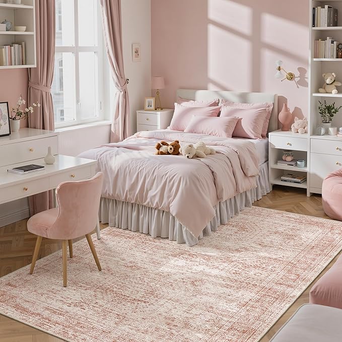 Washable Area Rug 8x10, Large Soft Rugs for Living Room Vintage Area Rugs for Bedroom Dining Room Non-Slip Stain Resistant Pink Under Table Rug