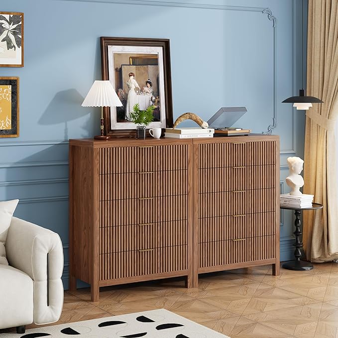 5 Drawer Dresser, 43" Tall Dresser Organizer TV Drawer Cabinet Modern Wood Storage Cabinet, Modern Wood Storage Cabinet for Bedroom, Hallway, Entryway, Walnut Oak X 2