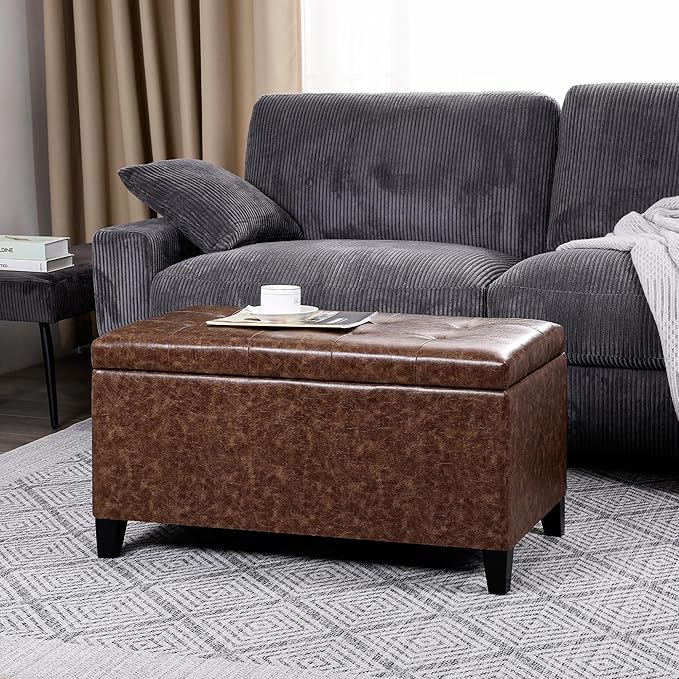 Asense Storage Ottoman Bench, Faux Leather Upholstered End of Bed Bench with Safety Hinge Wooden Legs, for Entryway Bedroom