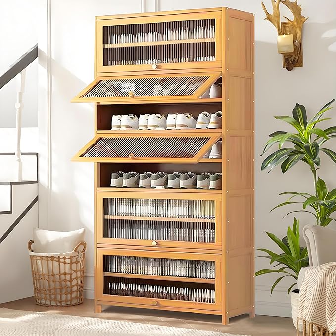 Tall Shoe Cabinet with Clear Doors, Large Capacity Bamboo Shoe Cabinet, 40-45 Pairs Shoe Rack Organizer for Closet Entrance, Hallway, Living Room, Bedroom