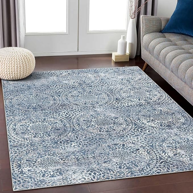 vivorug 4x6 Rug, Small Area Rug for Living Room, Bedroom, Kitchen, Machine Washable Non-Slip Throw Rug, Vintage Medallion Carpet for Entryway Nursery Coffee Table - Durable (Blue)