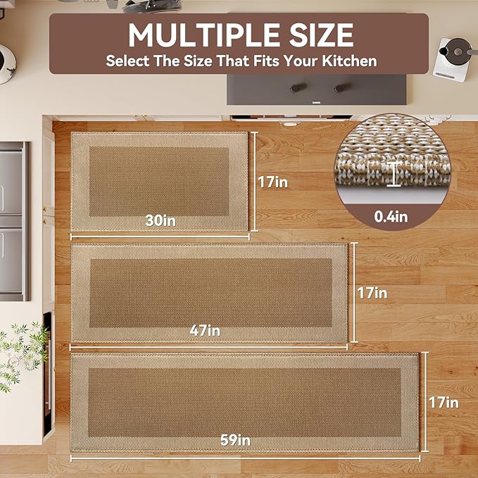 Kitchen Mats for Floor, Super Absorbent Kitchen Rugs Non Slip Washable, Soft Braided Kitchen Runner Rug, Standing Mat Kitchen Sink Mat, Easy to Clean, Brown 17x59