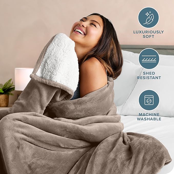Bare Home Sherpa Fleece Blanket - Twin/Twin Extra Long - Blanket for Bed, Sofa, and Couch - Warm & Lightweight - Fluffy & Soft - Reversible (Twin/Twin XL, Taupe)