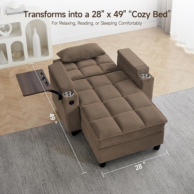 41.7" Chaise Lounge Chair Indoor, Oversized Boucle Upholstered Sofa Bed, Adjustable Backrest Deep Seat Reading Chair, Sofas Couches for Living Room with Storage, Cup Holders & 360° Swivel Side Table