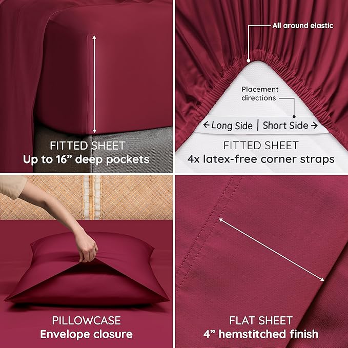 Bambaw Queen Size 4pcs Cooling Sheets Set 100% Viscose Derived from Bamboo, Luxury Bedding, Soft Sheets, Deep Pocket Fits Up to 16'' Mattresses (Burgundy)