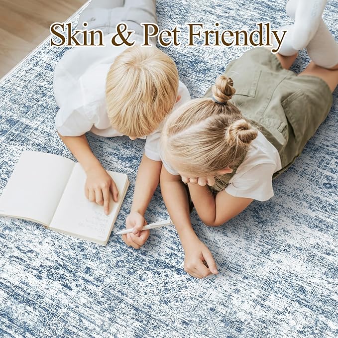 9x12 Area Rugs for Living Room, Non Slip Machine Washable Vintage Rugs, Low Pile Lightweight Large Rug for Bedroom, Dining Room, Home Office Blue