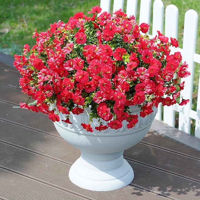 Fake Plants Artificial Flowers for Outdoor Outside Decor, 12 Bundles Faux Flowers Silk Hot Pink Morning Glory with Eucalyptus Look Real UV Resistant Faux Greenery for Planter Front Door Porch Patio