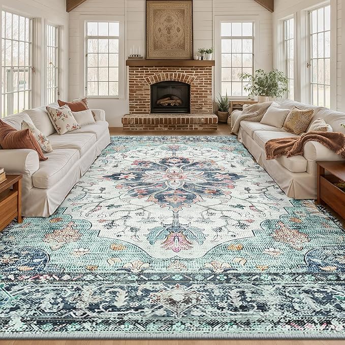 Area Rugs 10'x12' Washable Non-Slip, Floral Vintage Distress Print Pattern Medallion Carpet for Living Room Bedroom Dining Room, Green Navy Blue White Red Teal Colorful