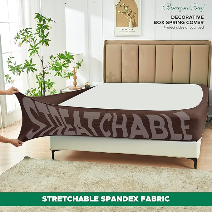 Biscaynebay Decorative Box Spring Cover King & Cal King Size, Brown Luxurious Jersey Knitting Stretchy Wrap Around 4 Sides Bed Skirt for Home/Hotels, Easy Fit Wrinkle & Fade Free Machine Washable