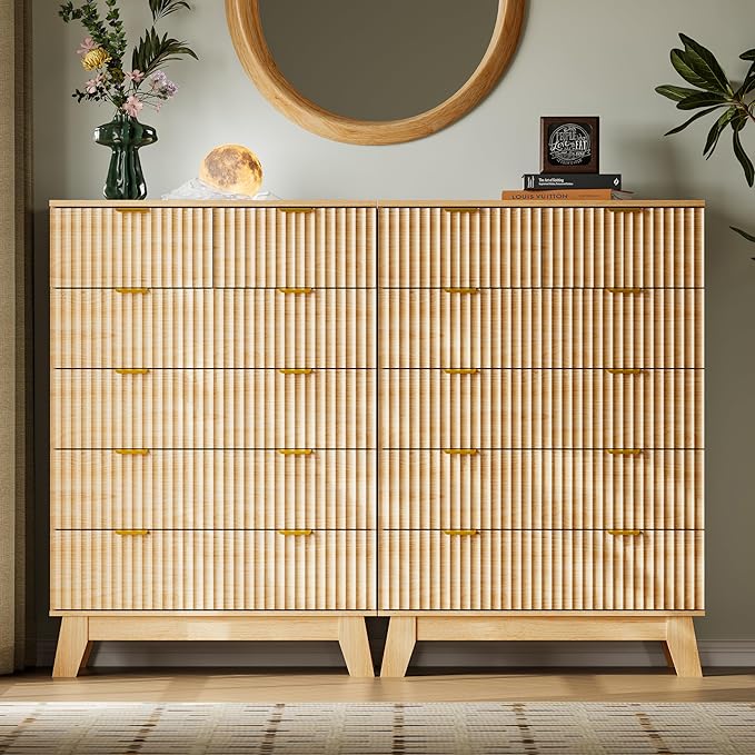 46" Tall Dresser for Bedroom, 6-Drawer Fluted Chest of Drawers, Modern Wood Highboy with Deep Storage, Metal Slides and Handles, Anti-Tip Kit, Vertical Clothes Organizer for Apartment, Nursery