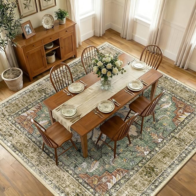 Area Rugs Square 10ft Washable Non-Slip, Floral Vintage Distress Print Pattern Medallion Carpet for Living Room Bedroom Dining Room, Brick Red Rust Neutral Brown Burnt Orange Green