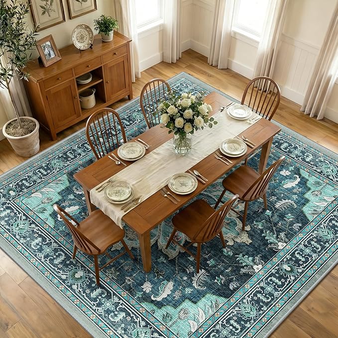 Area Rugs Square 10ft Washable Non-Slip, Floral Vintage Distress Print Pattern Medallion Carpet for Living Room Bedroom Dining Room, Teal Green Lake Blue Turquoise