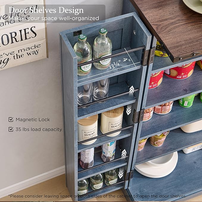 ACCOHOHO 47" Kitchen Pantry, Farmhouse Storage Cabinet with Barn Doors, Organizer and Adjustable Shelves, Rustic Wood Cupboard for Kitchen, Dining Room, Bathroom and Hallway, Rustic Blue
