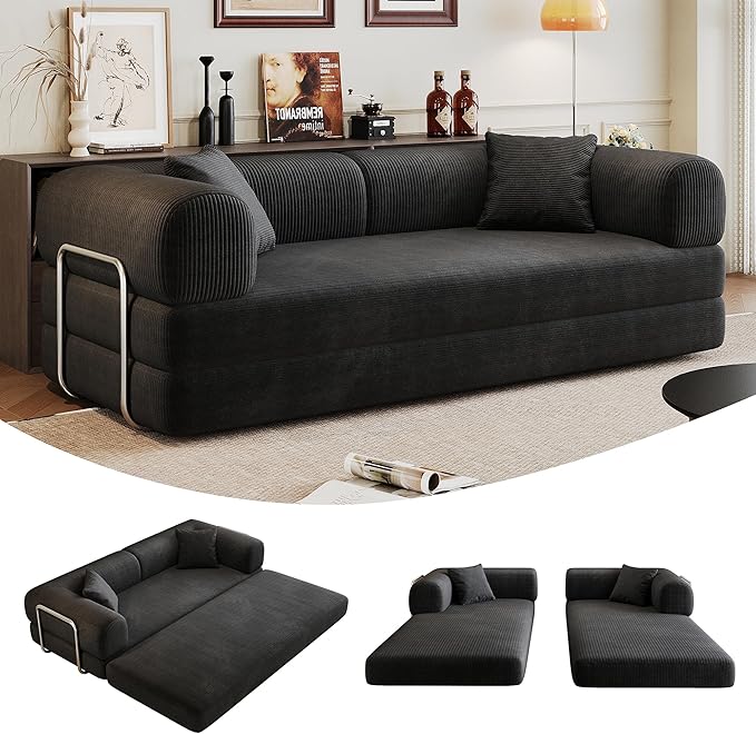 79" Convertible Sofa Bed, Corduroy Folding Pull Out Couch with Pillows, No Assembly Modern Boneless Couch Compression Sofa in Box, Floor Sofa with Support Rods for Living Room,Black