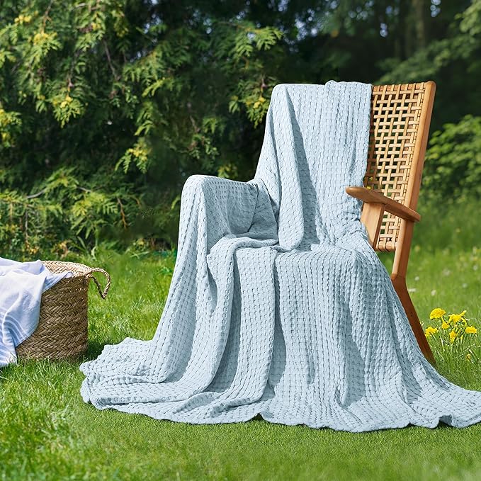 AganearWaffle Blanket - Lightweight Breathable Summer Blanket of 50% Cotton and 50% Rayon Derived from Bamboo for Hot Sleepers Luxury Throws for Bed, Couch and Sofa,Blue,90x90 Inches