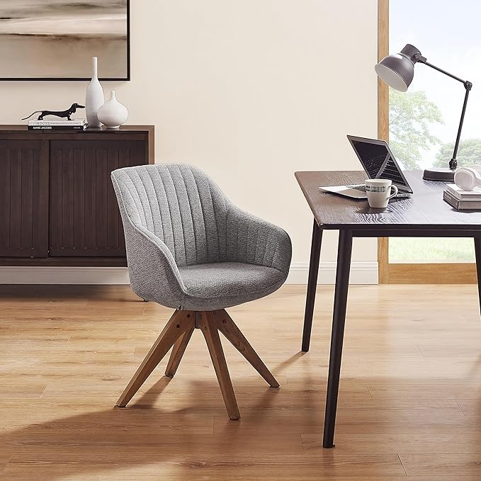 Zouron Mid Century Modern Accent Chair with Wooden Legs, Upholstered Swivel Chair No Wheels, Side Accent Armchair Vanity Chair for Small Space Home Office Living Room Bedroom, Light Grey