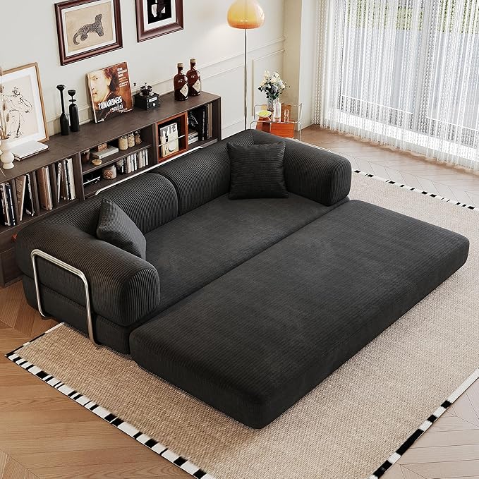 79" Convertible Sofa Bed, Corduroy Folding Pull Out Couch with Pillows, No Assembly Modern Boneless Couch Compression Sofa in Box, Floor Sofa with Support Rods for Living Room,Black