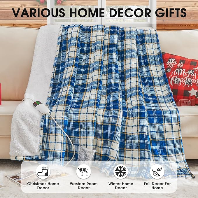 Heated Electric Blanket Twin Size,62X84 Heating Blanket with 10 Heats Levels&8 Hours Auto Off&Timer,Blue Plaid Soft Cozy Sherpa Blankets Warmer Gifts for Grandma Women Adult,Fast Heating Washable
