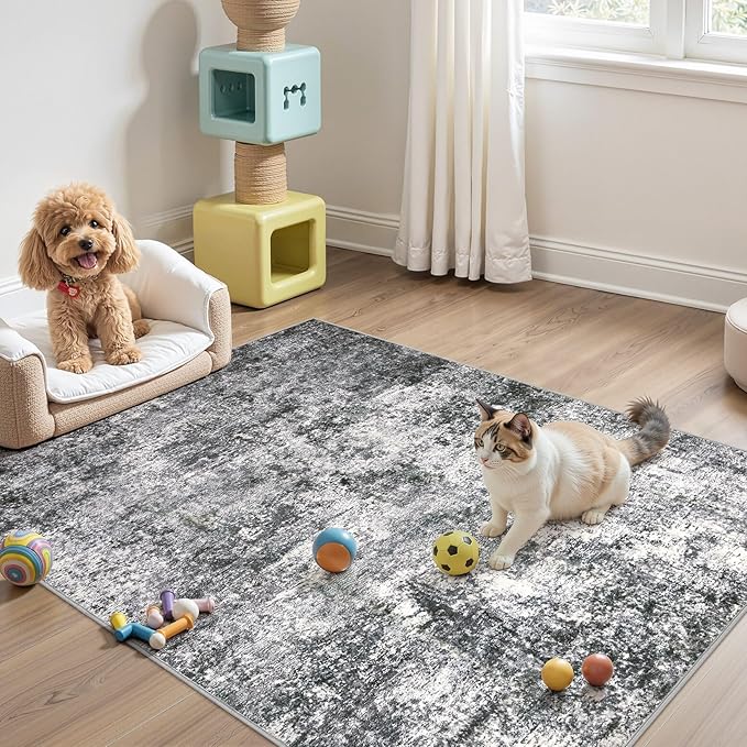 Area Rug Living Room Rugs - 4x6 Large Soft Indoor Neutral Modern Abstract Low Pile Washable Rug Carpet for Bedroom Dining Room Farmhouse Home Office - Grey