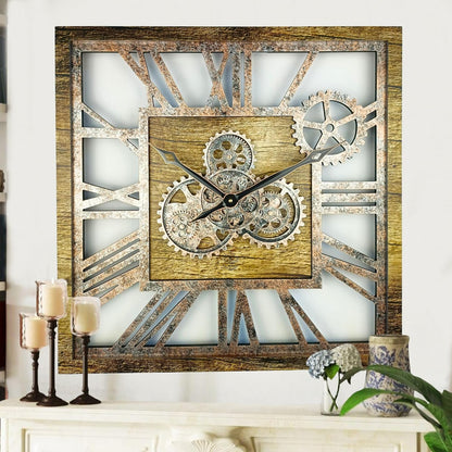 The Gears Clock 24'' Inch Square Real Moving Gear Wall Clock Vintage Industrial Oversized Rustic Farmhouse (Gold Antique)
