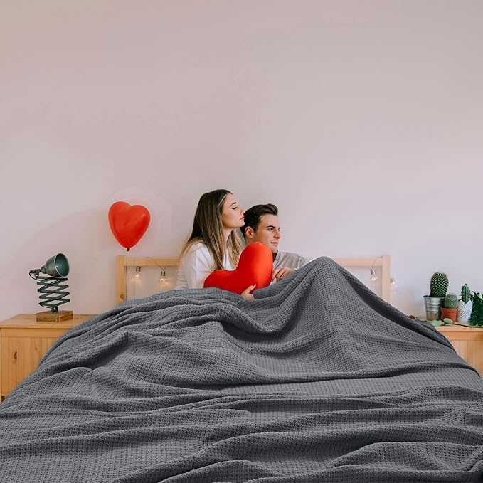 HILLFAIR 100% Cotton Blanket- 120" x 120" XXL Oversized King Bed Blankets - Family Size 10 ft x 10 ft Big - All Season Soft Cozy Breathable Blankets for Bed - Extra Large King Cotton Blanket- Grey