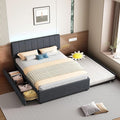Full Size Upholstered Platform Bed with Trundle & 2 Drawers and 1 Sets of USB, Linen Fabric Full and Twin Double Bed w/LED Lights with APP for Bedroom,Dark Gray