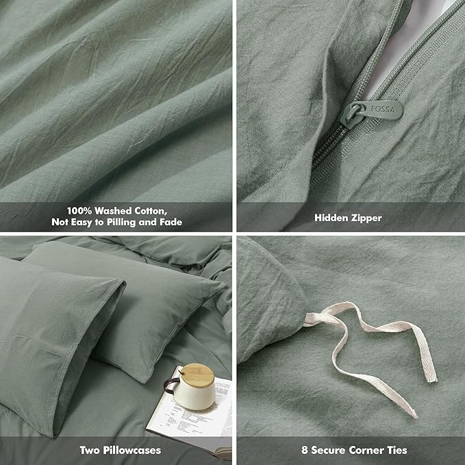 FOSSA Duvet Cover Set 100% Washed Cotton Linen Feel Super Soft Breathable Cozy Simple Style 3 Pieces Bedding Sets Solid Heathered Green Full/Double