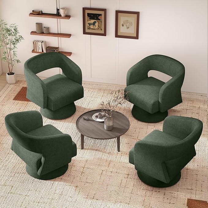 Swivel Accent Chair Set of 4, Modern Comfy Chenille Barrel Chairs, Oversized Upholstered Round Arm Chair for Living Room, Bedroom, Reading Room, Green